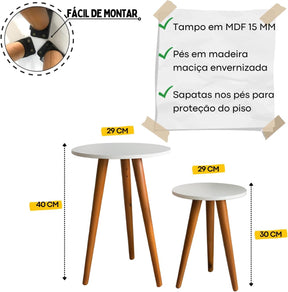 Kit Mesa Apoio e Lateral de Sofá Retrô Classic com 3 Pernas Decoração - White Line