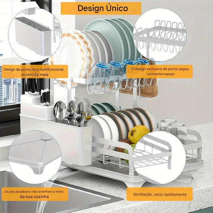 Suporte de Secagem de Pratos de 2 Níveis Dobrável